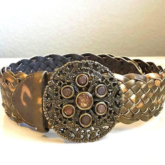 NWT ALEXANDRA’S ACCENTS Boho Belt Bronze Braided Vegan Leather Jewel Buckle L main image 5